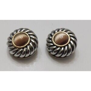 Vintage Retro Estate Brown Cats Eye Two Tone Clip On Earrings 1 inch